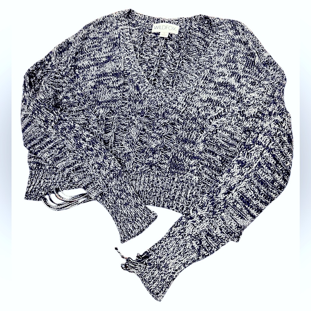 Wildfox Distressed Sweater Women S Blue White Knit V-neck Cropped - Picture 3 of 8